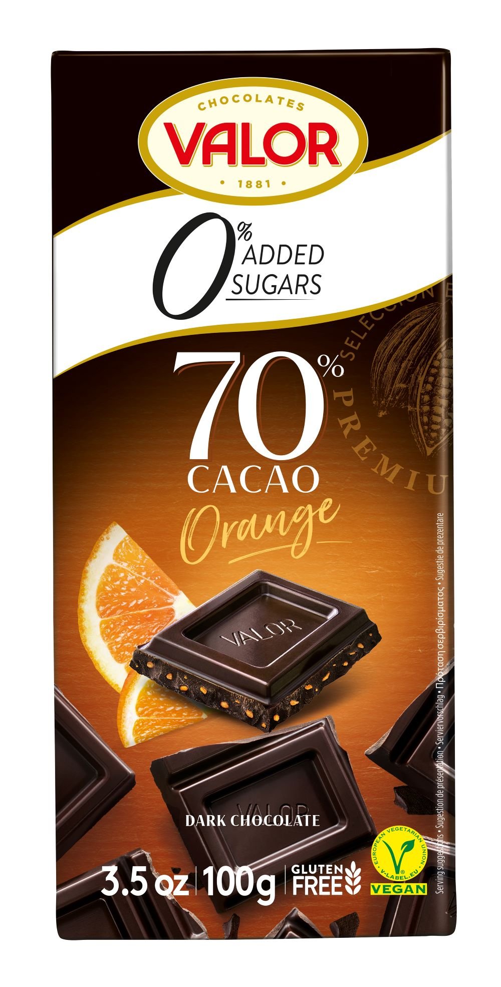 Valor - 70% Dark Chocolate Slab Orange No Sugar Added 100g