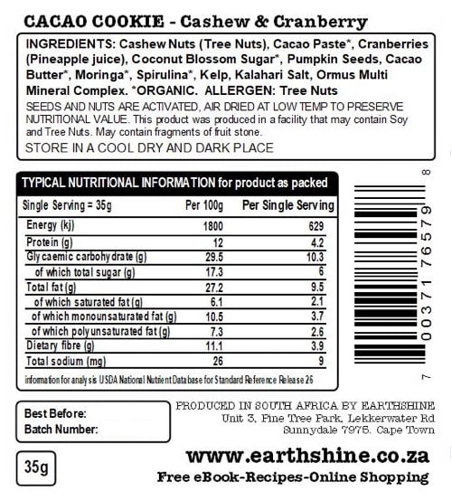 Earthshine - Cacao Cookie Cashew & Cranberry 32g
