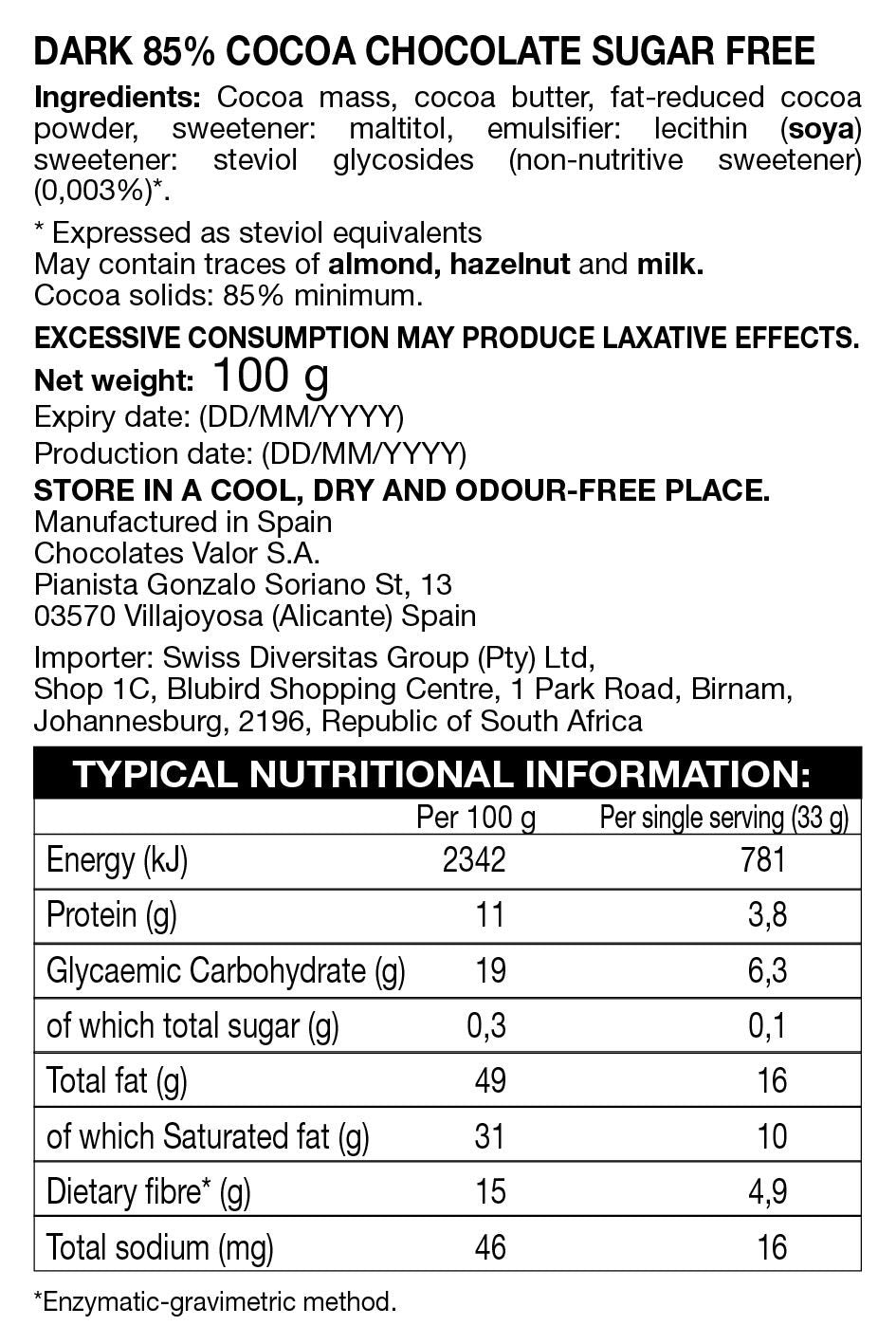 Valor - 85% Dark Chocolate Slab Sugar Free 100g