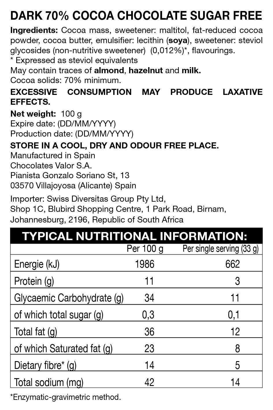 Valor - 70% Dark Chocolate Slab Sugar Free 100g