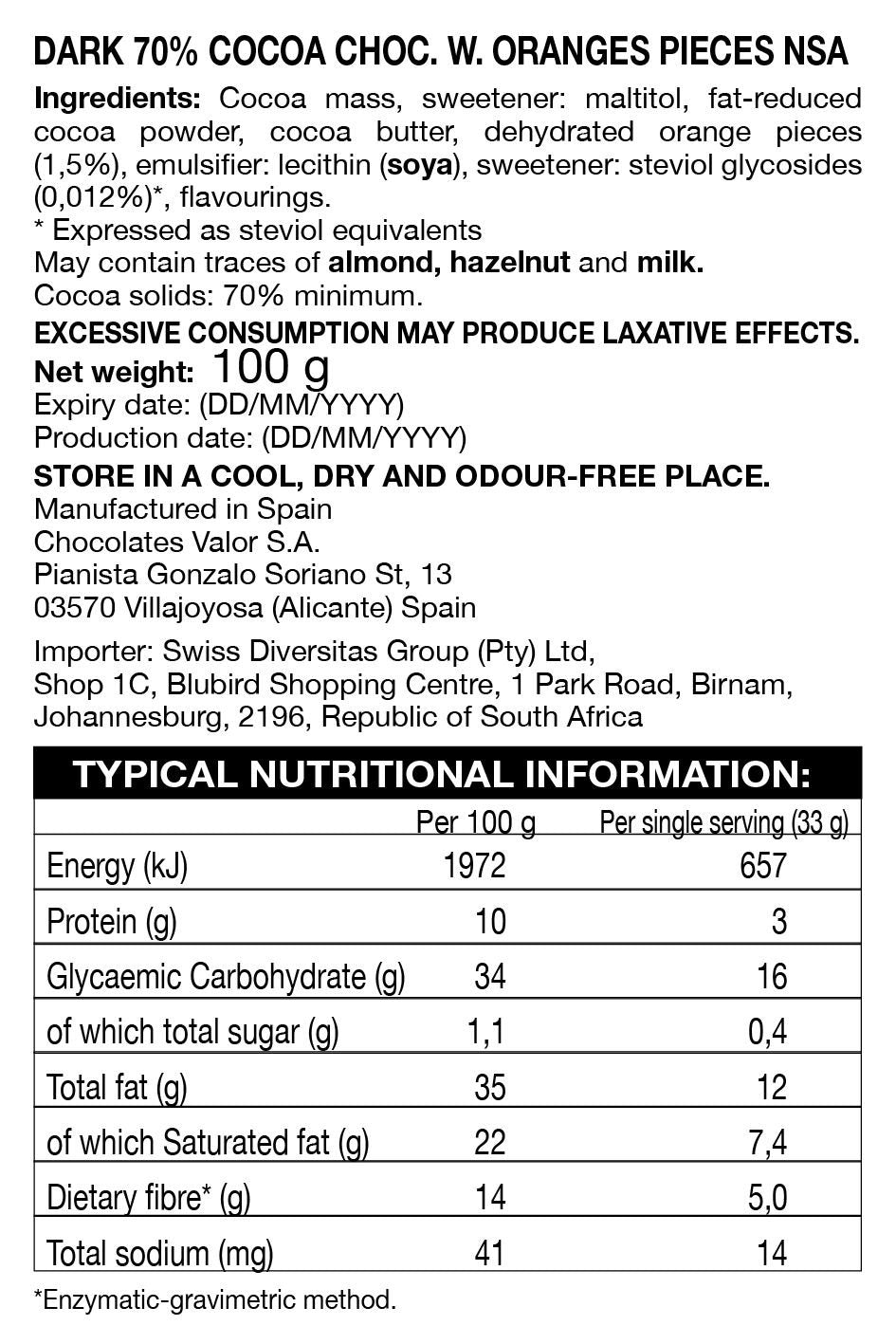 Valor - 70% Dark Chocolate Slab Orange No Sugar Added 100g