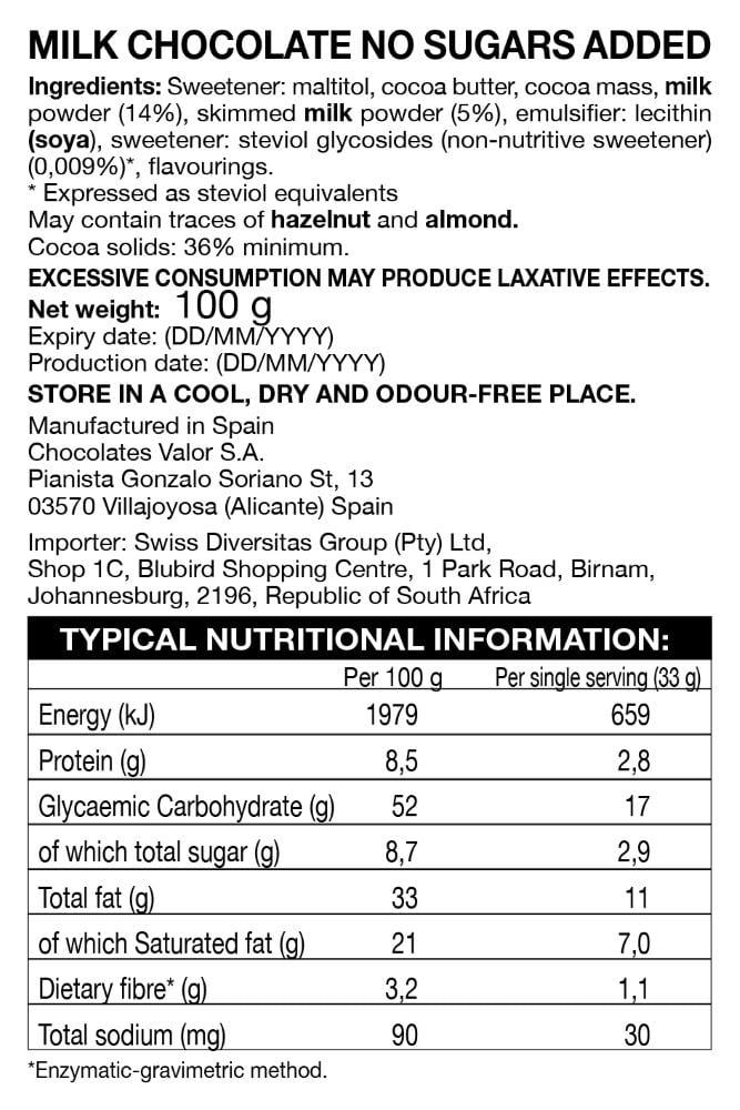 Valor - Milk Chocolate Slab Sugar Free 100g