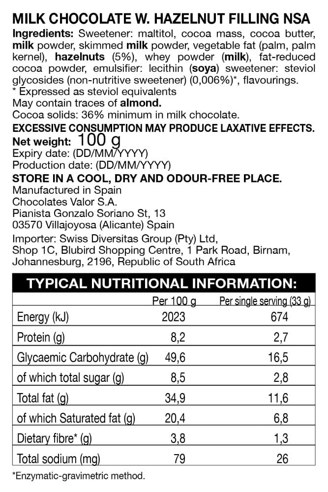 Valor - Milk Chocolate Slab Hazelnuts No Sugar Added 100g
