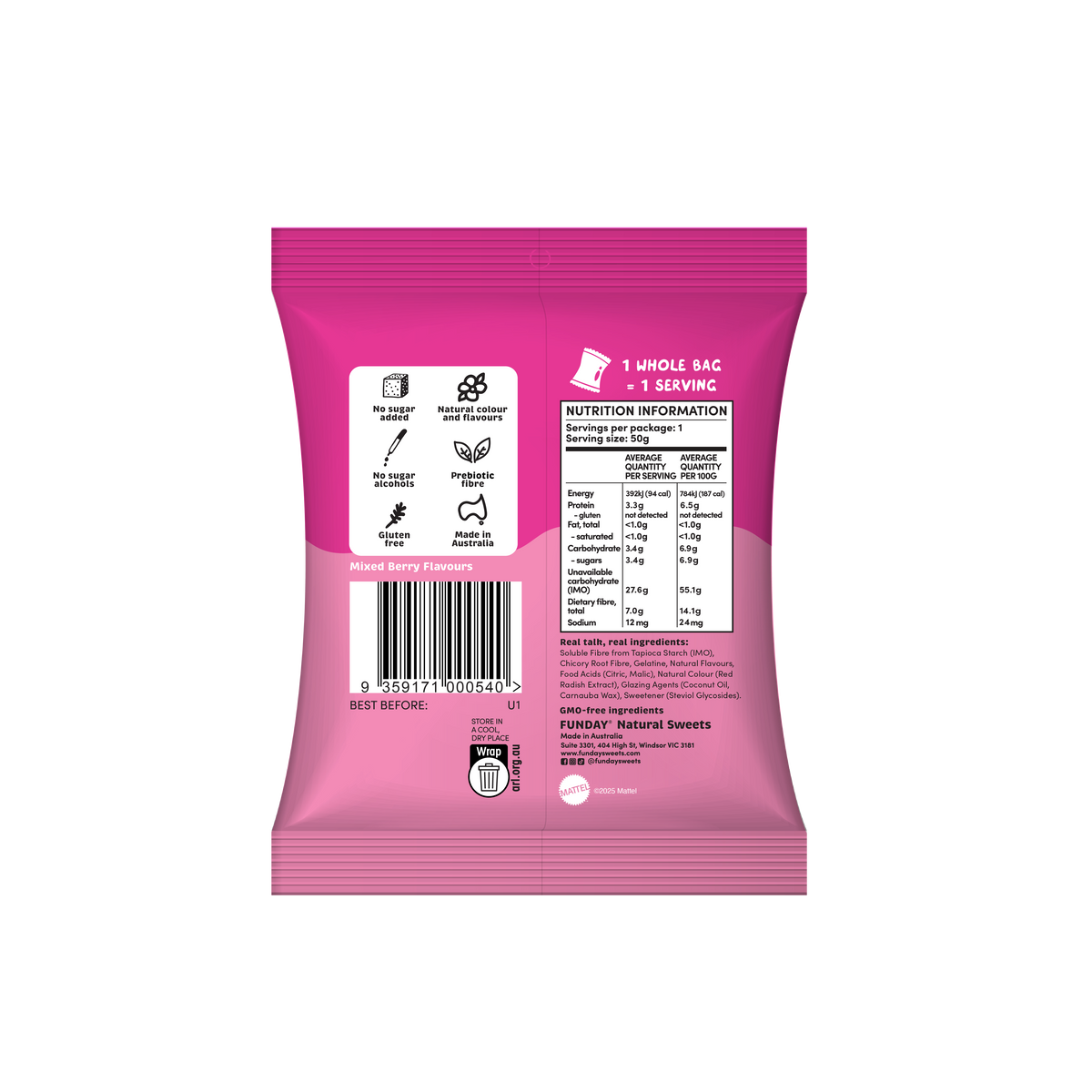 FUNDAY - Gummies Barbie Mixed Berry Kisses No Added Sugar 50g