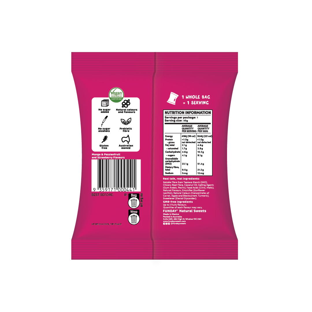 FUNDAY - Fruity Chews Strawberry, Mango & Passionfruit No Added Sugar 45g
