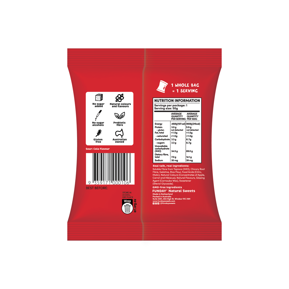 FUNDAY - Gummy Bottles Sour Cola No Added Sugar 50g