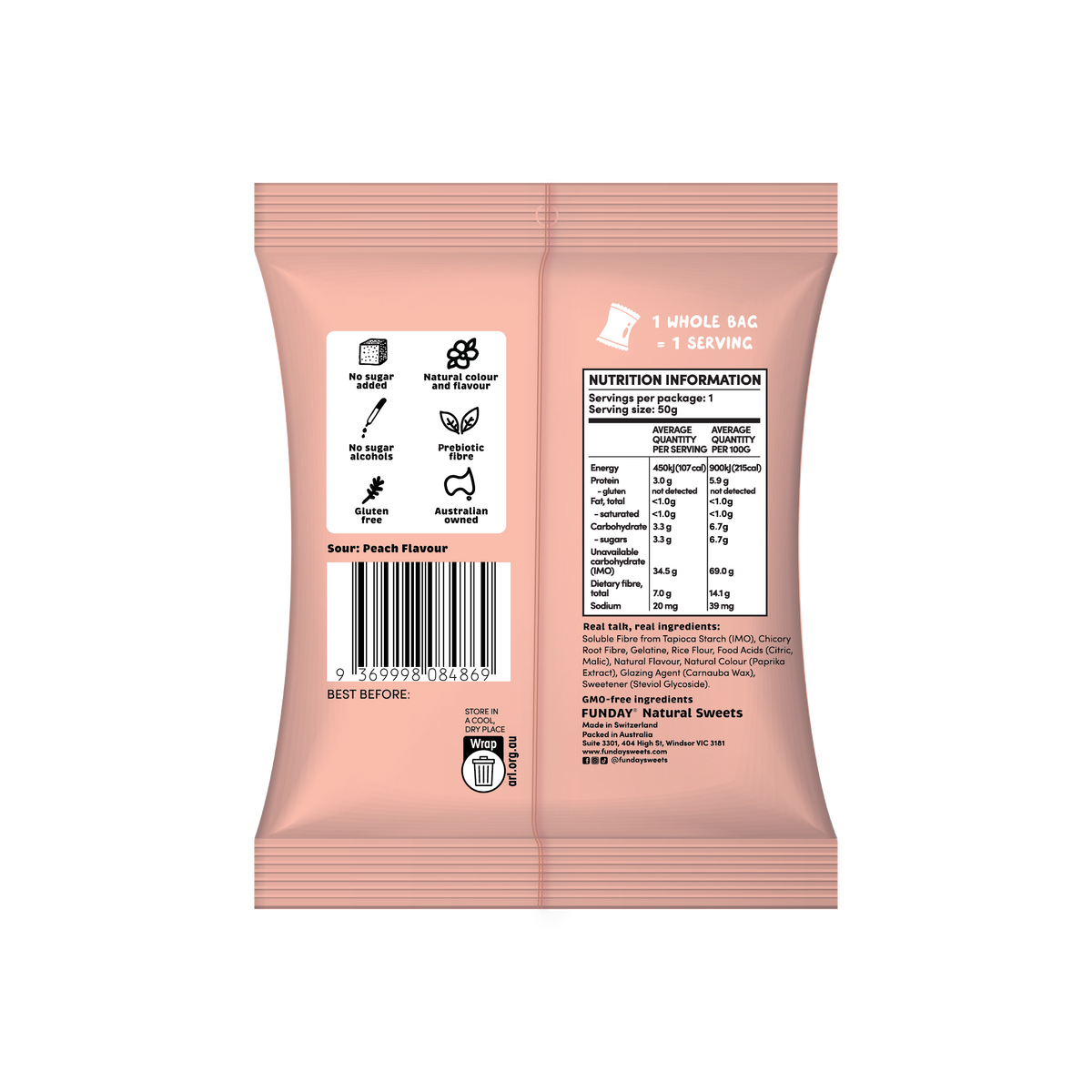 FUNDAY - Gummy Hearts Sour Peach No Added Sugar 50g