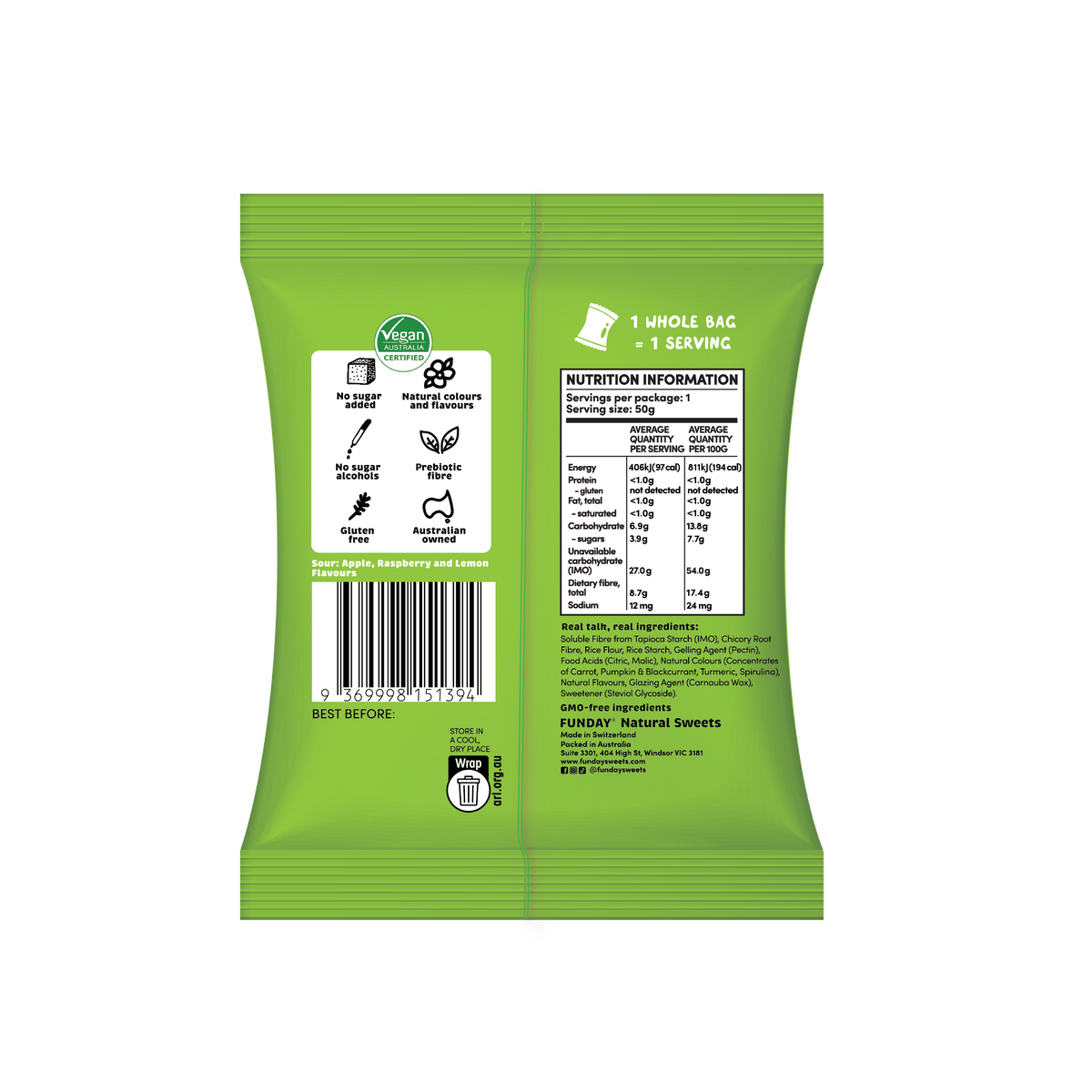 FUNDAY - Gummy Bears Sour Vegan No Added Sugar 50g